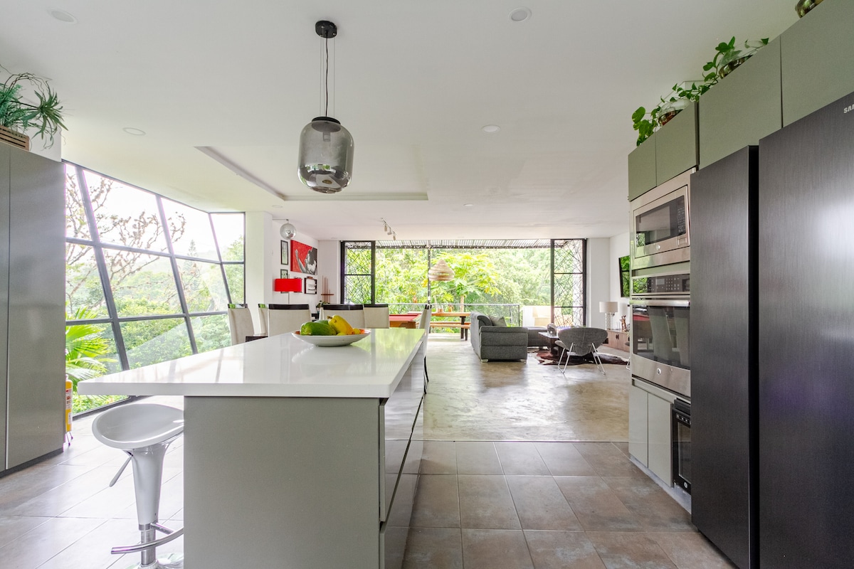 An open kitchen design features a large island with a white countertop and modern bar stools. Expansive windows allow natural light to fill the space, and greenery can be seen outside. Built-in appliances are neatly integrated into cabinetry along one wall.