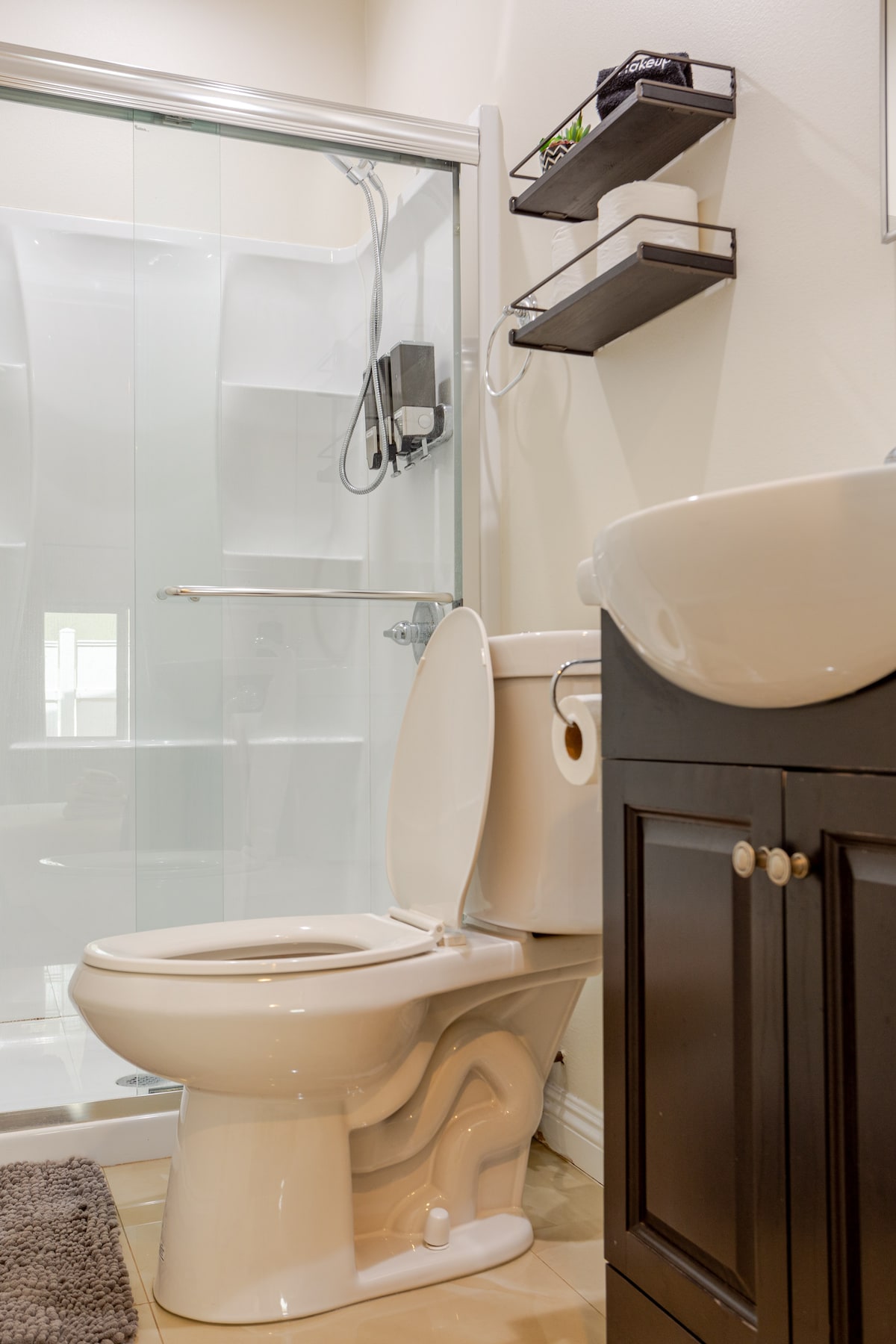 A modern bathroom is featured with a walk-in shower enclosed by clear glass. A compact vanity with a sleek sink and cabinetry is positioned next to a toilet. Shelves above the sink hold minimal decor, contributing to an organized appearance.