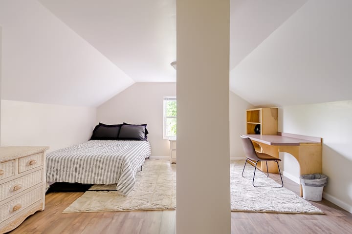 Bedroom 4 is our the 3rd floor suite.  Quiet, cozy room with built-in desk.  Perfect for some privacy and for getting some work done.  There is a full bathroom on the 3rd floor.  Kitchenette 2 is attached and part of the 3rd floor suite.