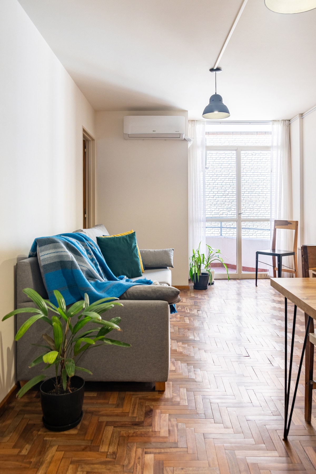 A cozy living area features a light gray sofa adorned with colorful cushions and a blue blanket. A potted plant adds a touch of greenery, while natural light pours in from a window with sheer curtains. A simple dining table and chairs are positioned nearby.