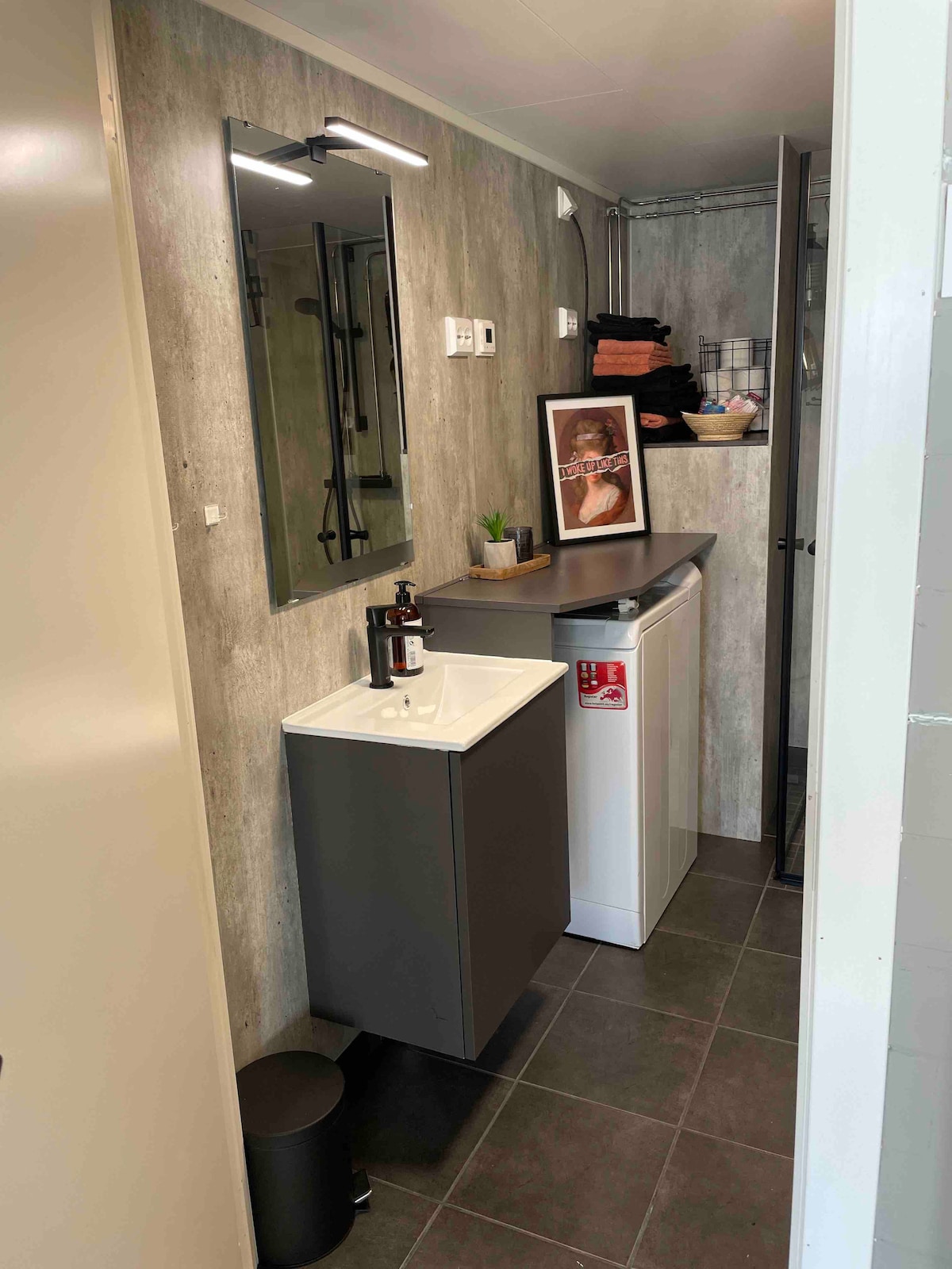 A compact bathroom is featured, equipped with a modern sink and a functional countertop. Shelves hold neatly organized towels, while a mirror reflects the space's clean lines. A washing machine is integrated, enhancing convenience. Grey tiles ground the area, providing a contemporary feel.