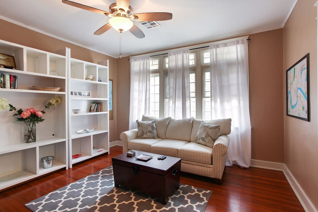 Living room with a queen sofa sleeper.