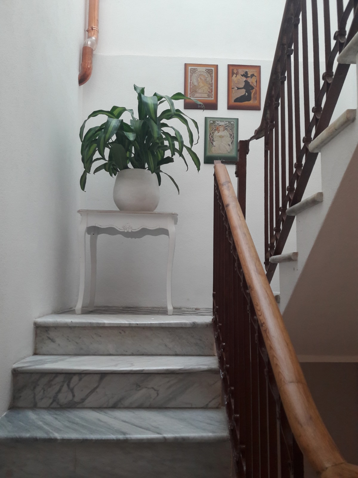 A staircase is visible, featuring polished marble steps and a wooden banister. At the top, a decorative white table holds a potted plant. Two framed artworks are displayed on the wall, adding a touch of character to the space.