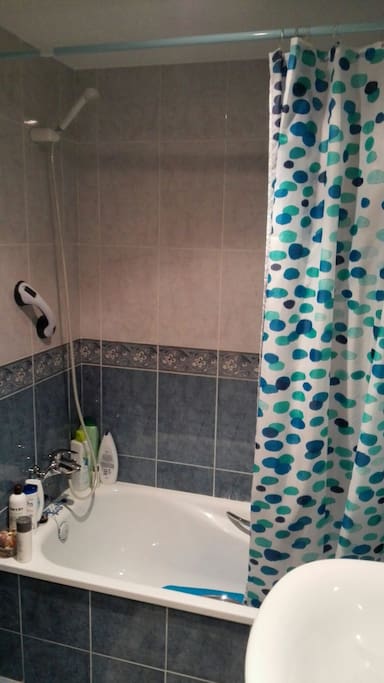 private bathroom with bath and shower