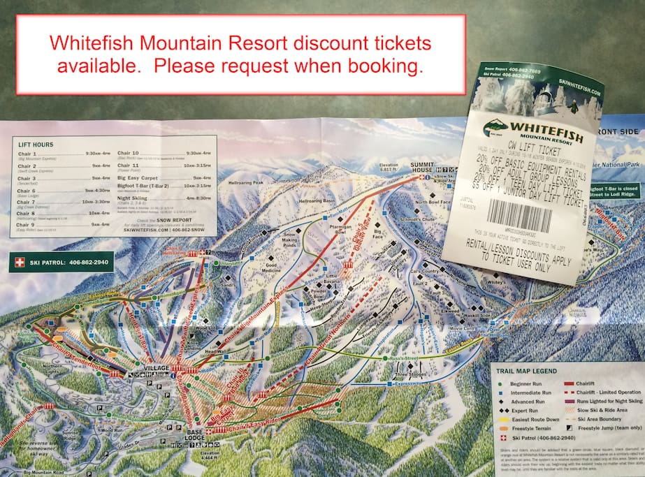 Discount tickets available! Whitefish Winter Resort. Save on great skiing. Please let us know 48 hours in advance so we can purchase the tickets for you.