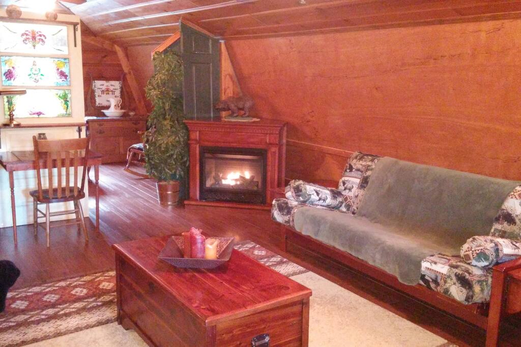 Cozy Living Room with Fireplace and Futons