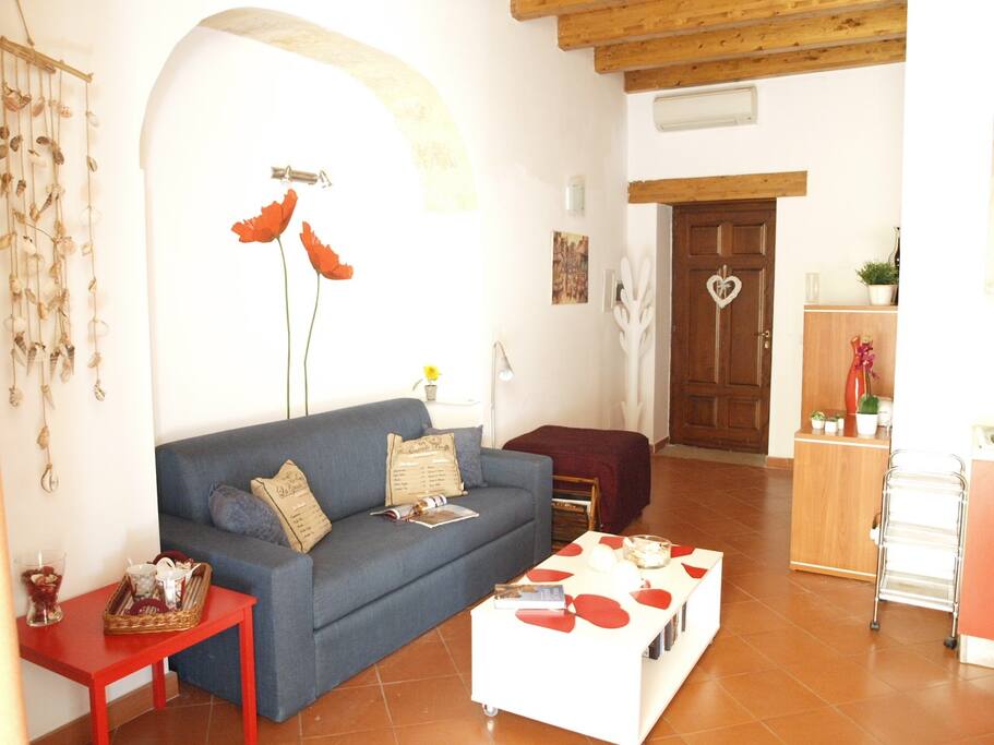 the spacious living room with comfortable double bed sofa
