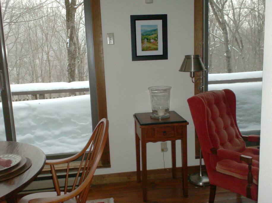 Beautiful snow outside, cozy inside.