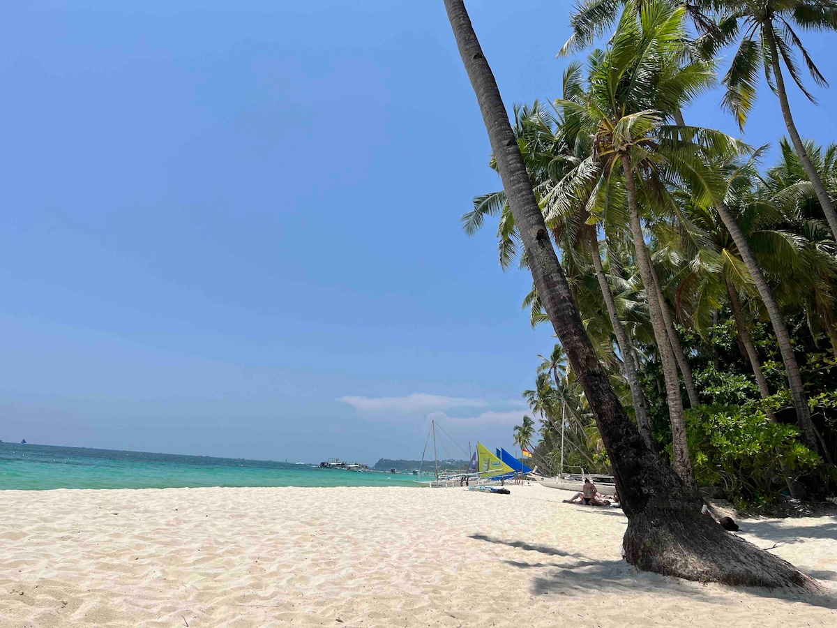 A sandy beach stretches under a clear blue sky, framed by tall palm trees. Gentle waves lap at the shore, and distant sailboats can be seen on the water, indicating a serene coastal atmosphere. Sunlight bathes the beach in warmth and tranquility.