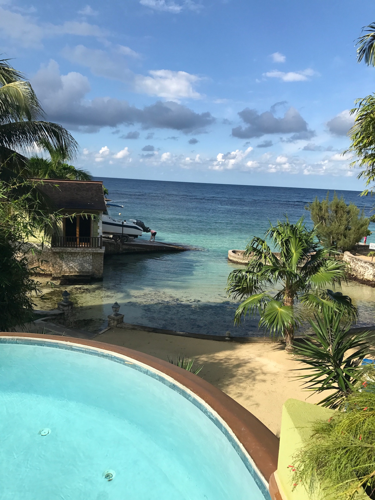 A serene ocean view is captured from the property, featuring a clear pool in the foreground. Lush palm trees line the shore, with a small beach visible beside calm turquoise waters. A nearby dock holds a boat, framed by gentle waves under a partly cloudy sky.