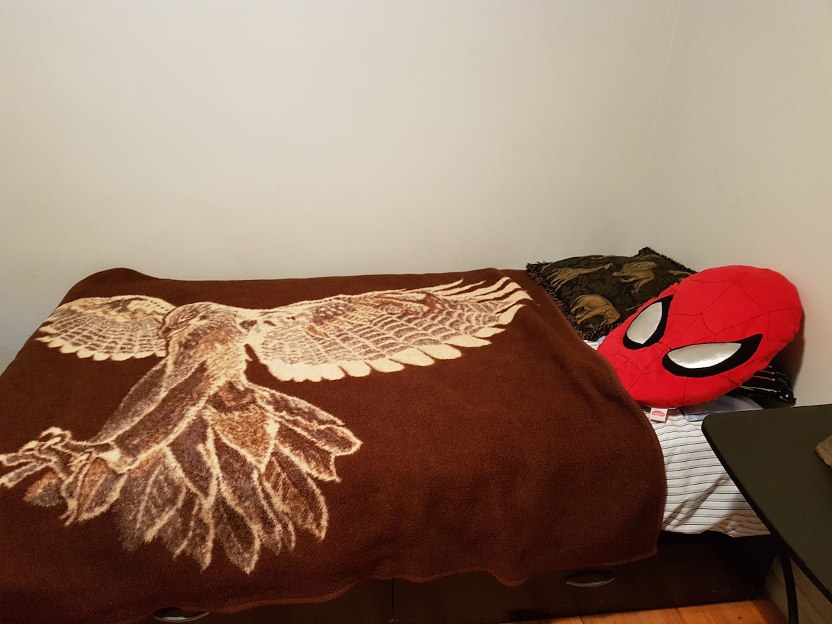 A twin bed is covered with a brown blanket featuring a bird design. A red pillow shaped like a character's face is positioned at the head of the bed. A small table is visible beside the bed, contributing to a simple and functional sleeping area.
