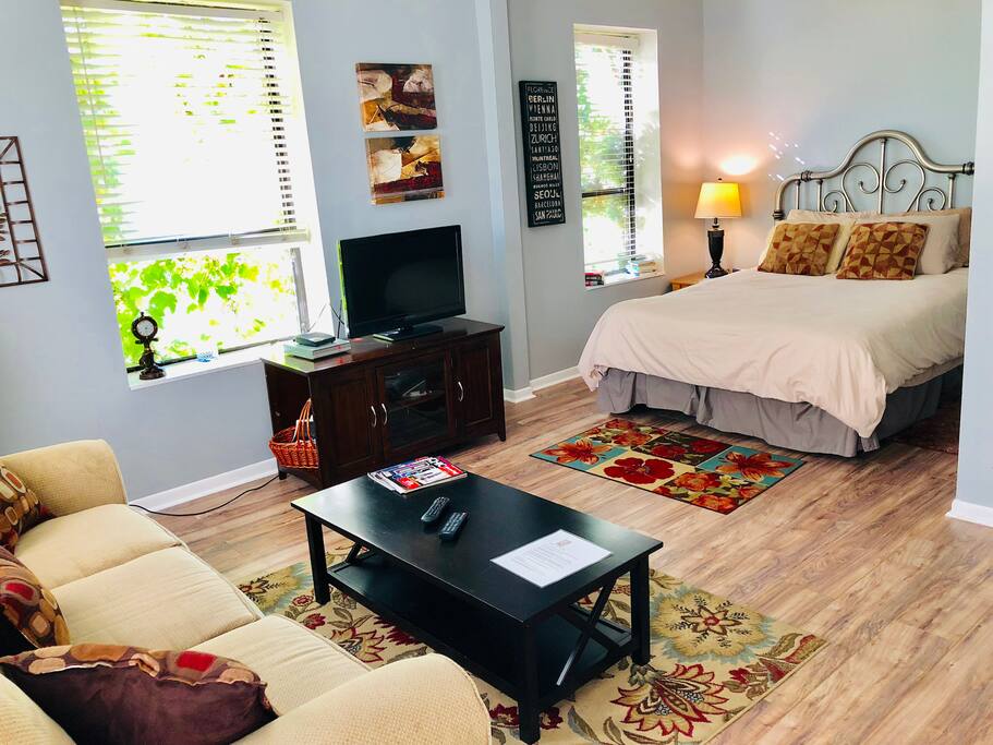 studio living room and bedroom area with queen size bed. We provide all linens