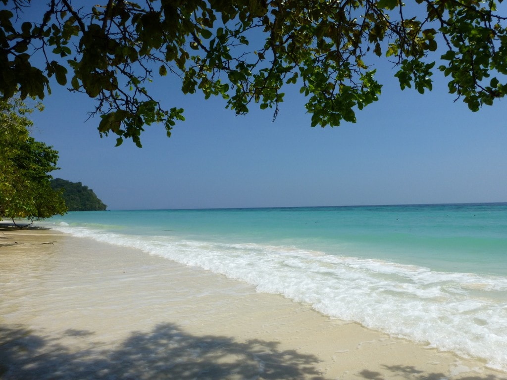 A serene beach scene features soft, white sand stretching along a gentle shoreline. Lush greenery frames the image, complementing the clear turquoise waters. The horizon meets a bright blue sky, enhancing the tranquil atmosphere of this coastal setting.