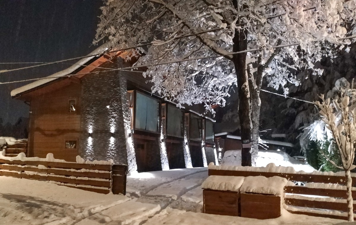 A modern wooden house stands in a snowy landscape, illuminated by soft outdoor lighting. Snow covers the ground and branches of the nearby trees, while a wooden fence outlines the property, enhancing the serene winter setting.