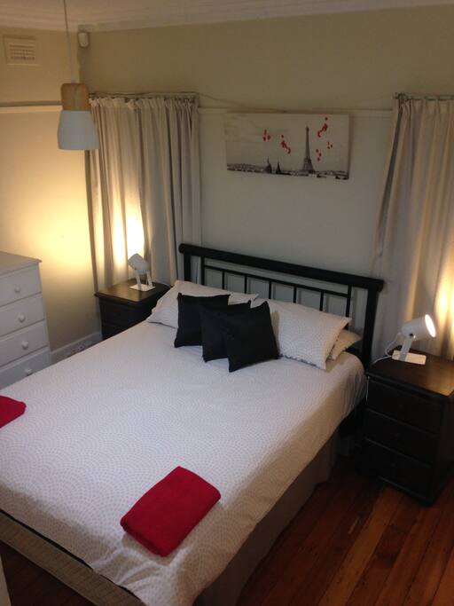 Bedroom with comfortable queen size bed