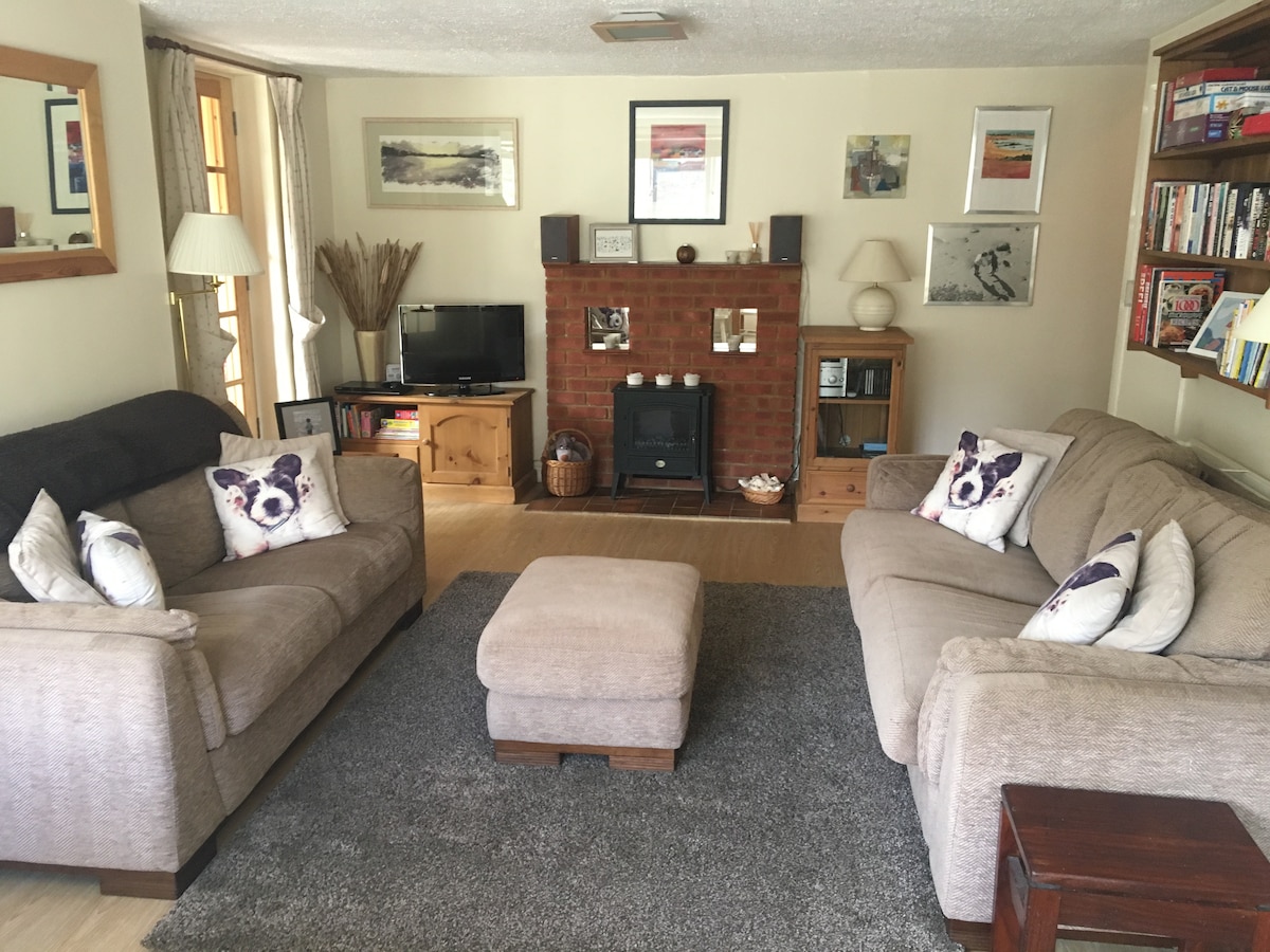 A welcoming living room features two comfortable sofas with decorative cushions, arranged around a central ottoman. A fireplace is flanked by wooden shelving, showcasing books and decorative items. Soft lighting is provided by a lamp, and large windows bring in natural light.