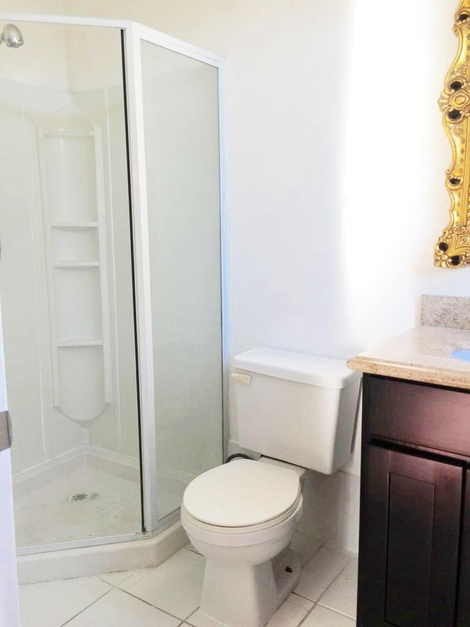 A newly remodeled bathroom features a glass shower enclosure, a modern toilet, and a granite countertop with a framed mirror. Bright natural light enters from a nearby window, enhancing the clean and functional design.