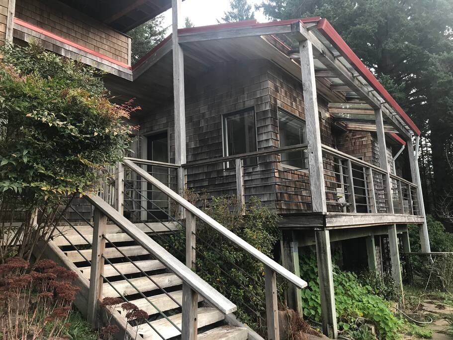 Looking up at the bungalow with studio spaces from the lower garden.