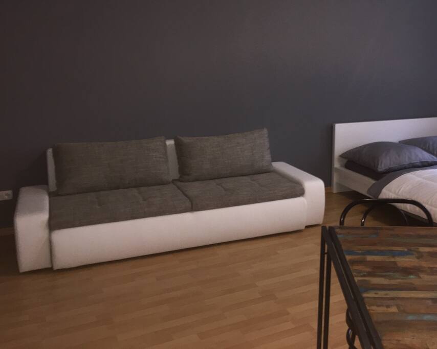 Schlafcouch ausziehbar (140x200 cm mit weicher Schlafunterlage und frischer Bettwäsche) | sleeping couch extendable (140x200 cm with soft sleeping pad and fresh bed linen)