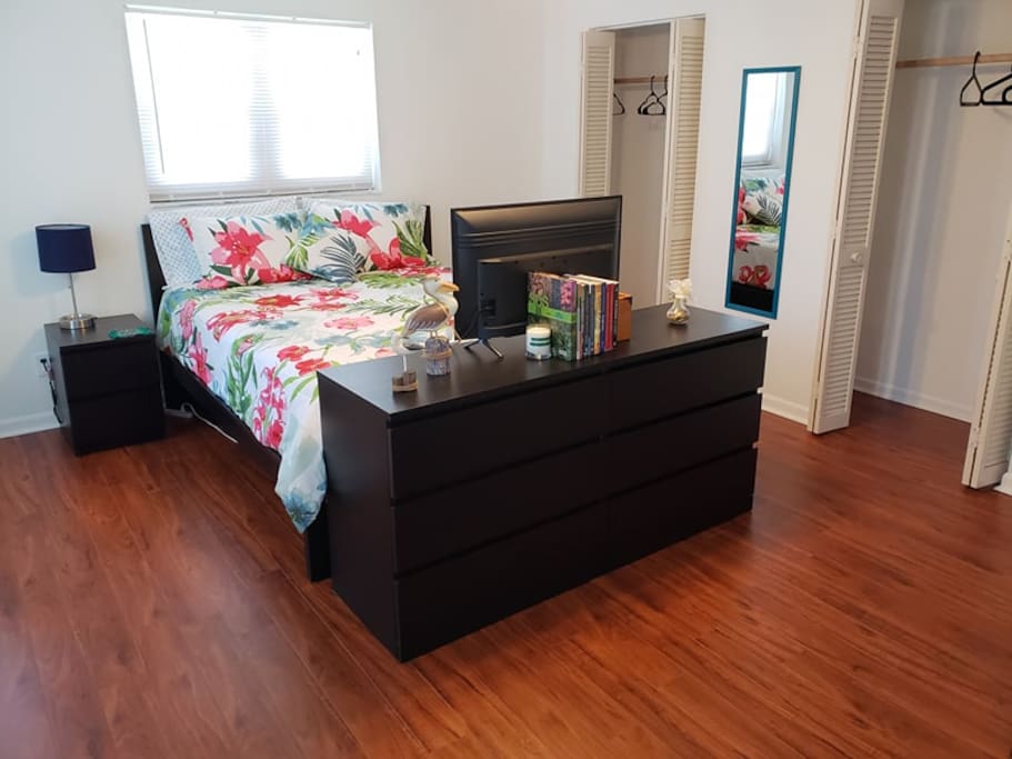 Private room with Smart TV (Netflix, HBO, Amazon Prime Streaming, News apps, etc.), dresser, mini-fridge, and large closet.