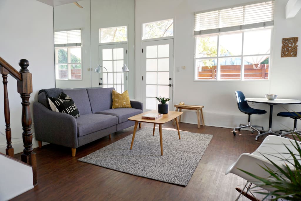 Enjoy high ceilings and natural light in the comfortable living space.