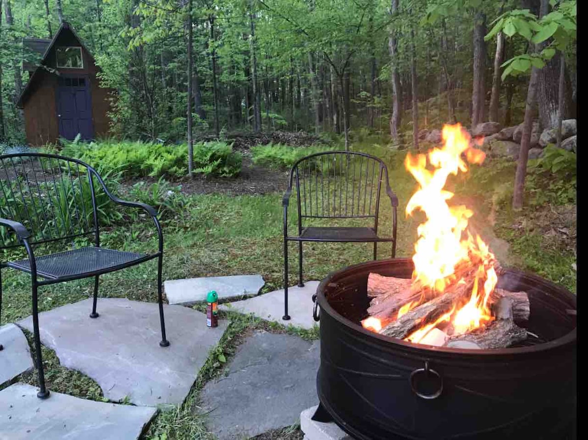A fire pit is centered on a stone patio, with a warm flame illuminating the space. Two black chairs are positioned nearby, surrounded by lush greenery and ferns. The forest background adds a serene natural setting for relaxation and outdoor gatherings.