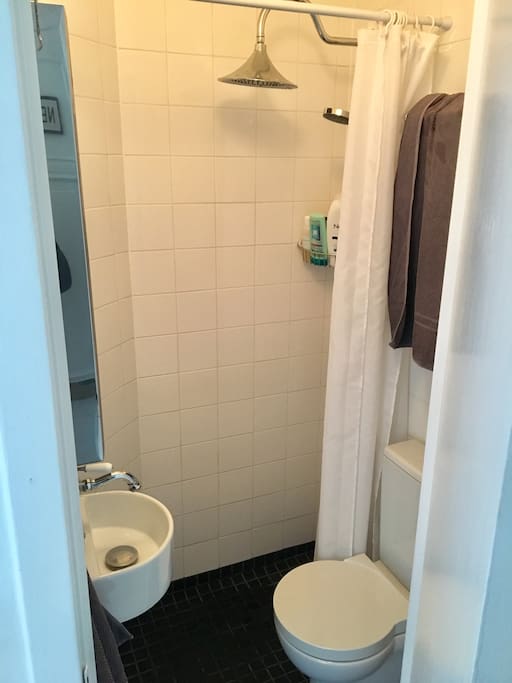 This is the bathroom, which gives you the opportunity to feel the real Copenhagen life, because it is not so Big, which is typical for 2-room appartments in Copenhagen!