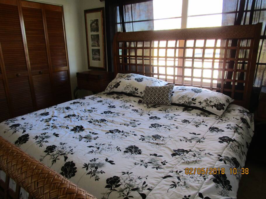 King room with dresser and closet