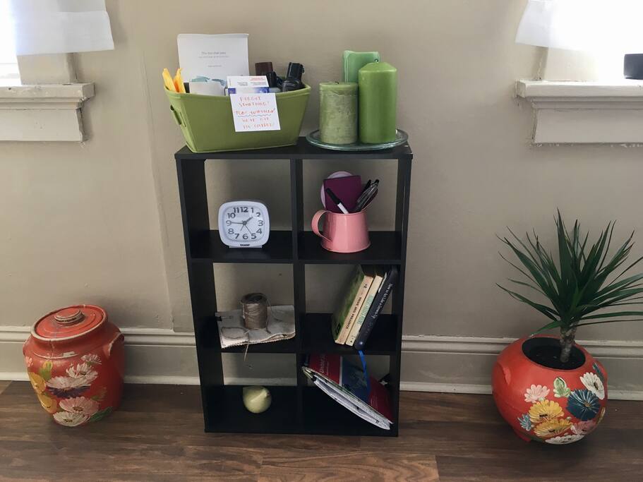 Alarm clock | Toiletries in case you forget something | Pens, road map, books, candles for your use