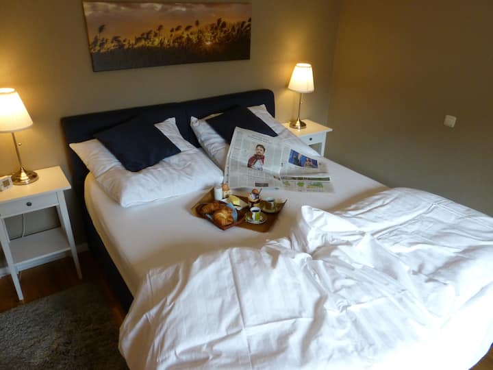 Schlafzimmer mit komfortablem Boxspringbett