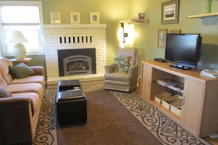 Cosy living room with gas fireplace, hassock with games inside, swivel rocker and lots of books, toys and area information
