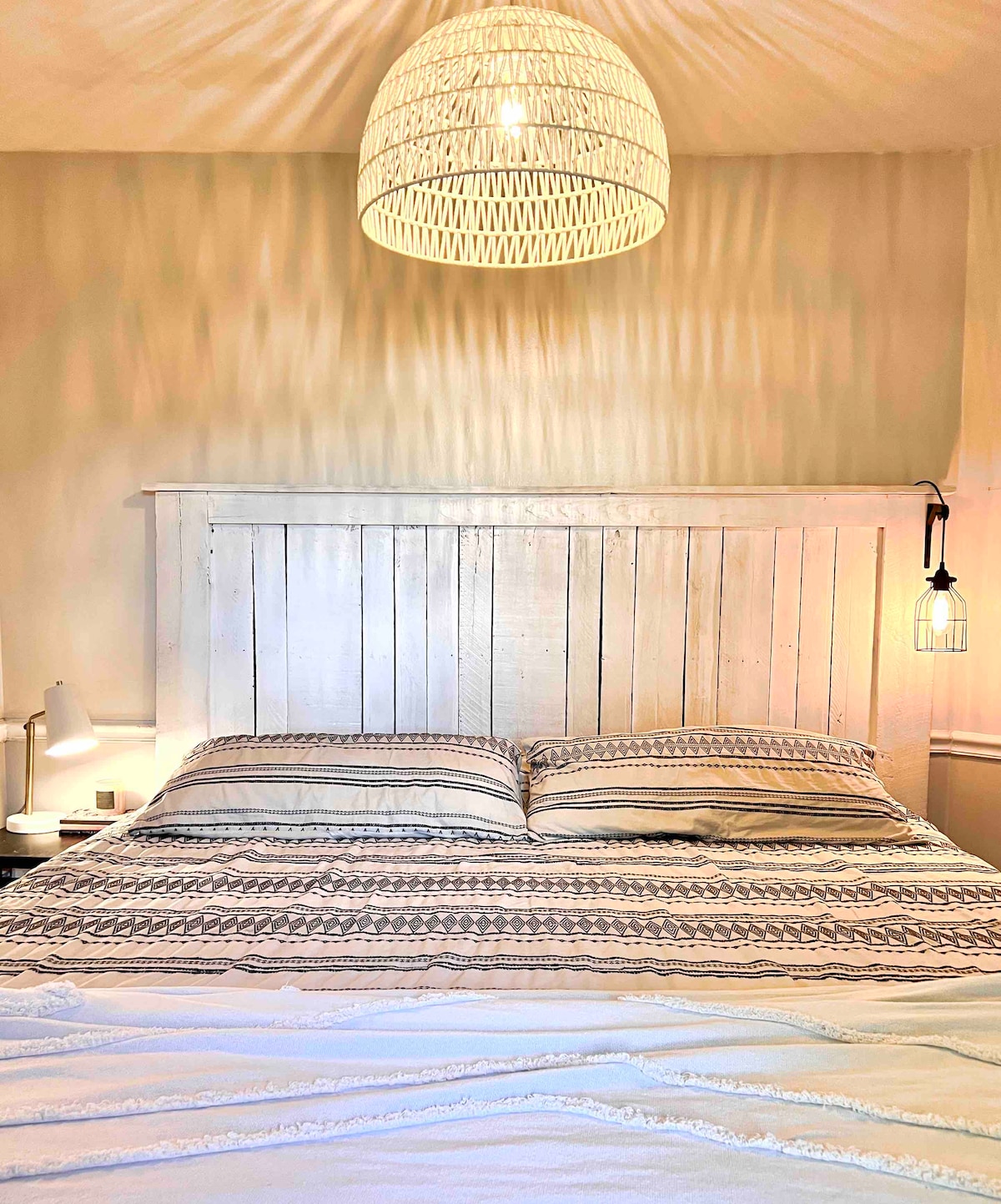 We love adding boho elements like this pendant light to the space. 