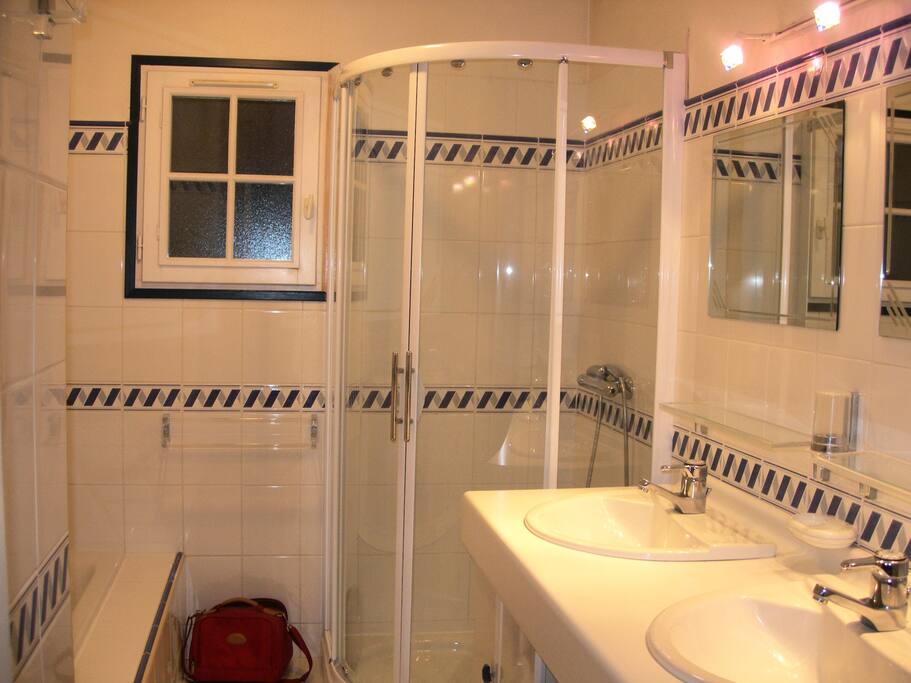 Grande salle de bains avec douche, baignoire et lavabo double