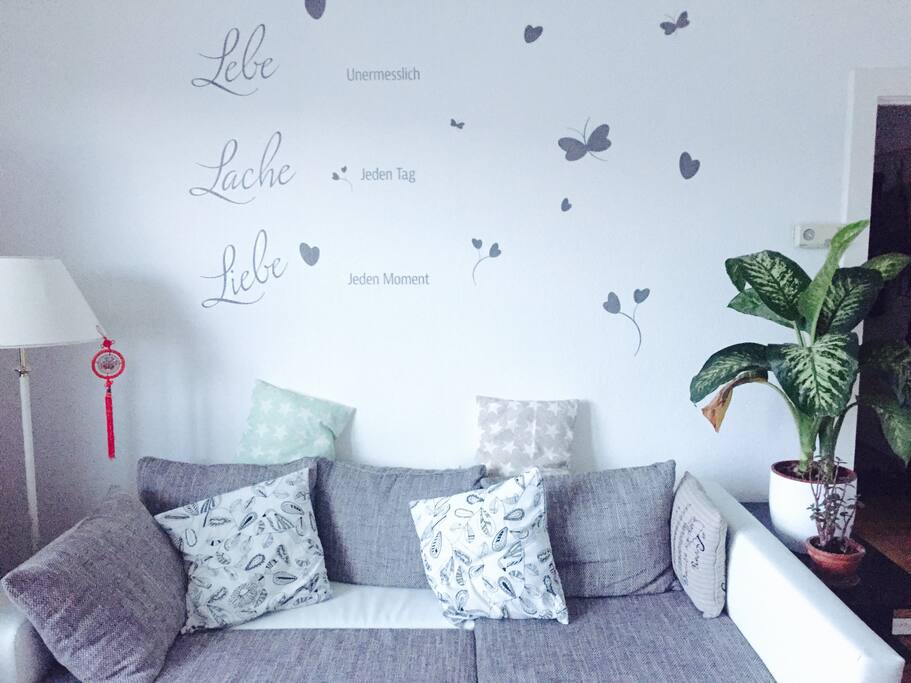This is the place you will stay. This is the living room of this apartment, with nice sofa-bed and plants.