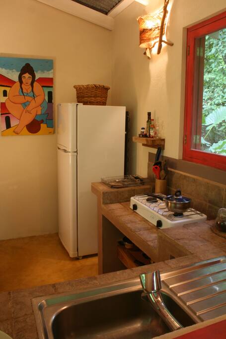 The kitchens are fully equipped with dishes, coffee makers, a blender for smoothies, refrigerator and freezer, pots and pans, dish towels