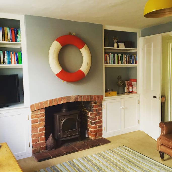 Wood burner in sitting room.