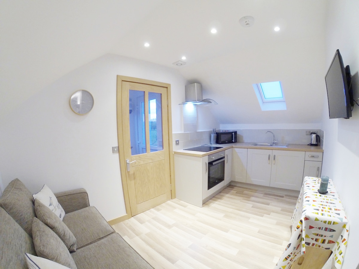 The kitchenette features modern appliances including a microwave and oven, with an open layout that enhances the space. A cozy seating area is visible to the left, complemented by soft furnishings. Natural light enters through the skylight and glass door, creating a bright atmosphere.