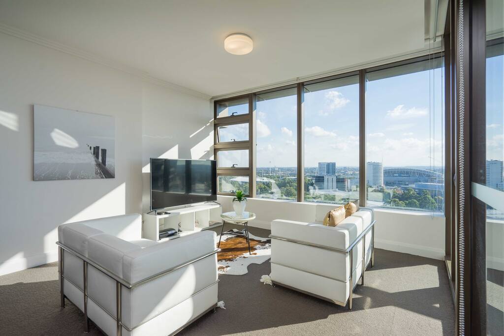 living room with fabulous view from our high level apartment