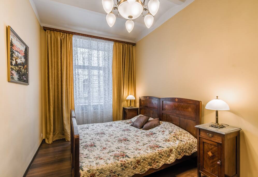 Bedroom with a king size bed and a view over the old part of town