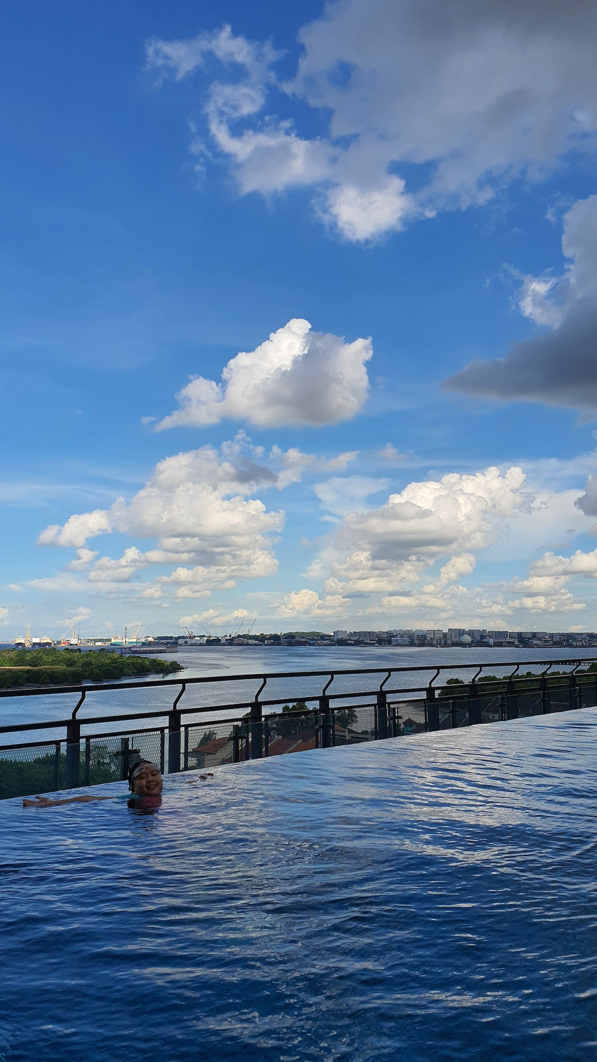 An infinity pool's edge is visible, providing a seamless view of the water and skyline in the distance. The sky is decorated with fluffy clouds, reflecting natural light. A railing surrounds the pool area, enhancing the openness of the space.