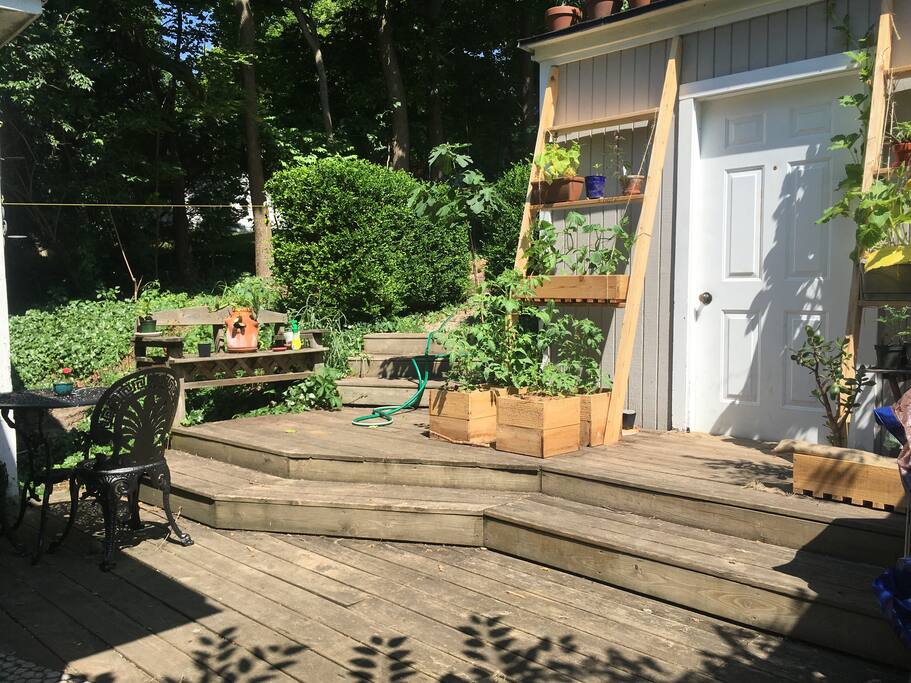 Private garden located outside of the bedroom door. There is a hammock and extra seating farther back in the yard.