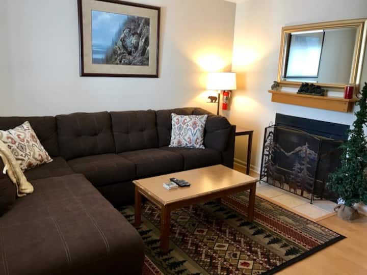 Sebule yenye starehe iliyo na sehemu ya kulala, meko ya gesi ya kustarehesha wakati wa miezi ya baridi na HDTV ya 50".