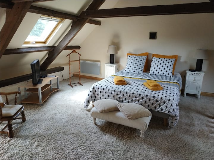 غرفة مريحة وساحرة في الطابق العلوي مع تلفزيون ، وفراش جديد بحجم كوين (160 × 200 )، وسجادة على الأرض وعوارض مكشوفة.