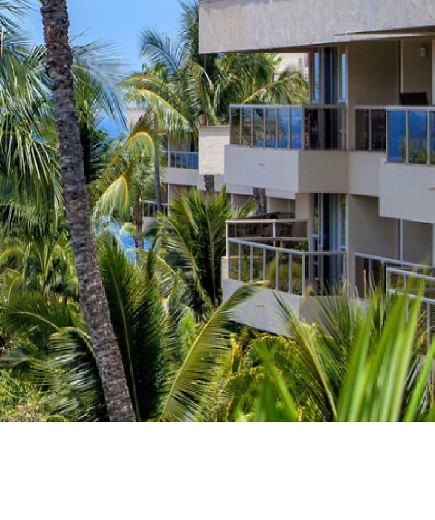 The image features a view of a multi-story building set amidst tropical palm trees. Balconies are visible on several floors, offering glimpses of the ocean and swimming pools in the background, creating a sense of connection with the surrounding nature.