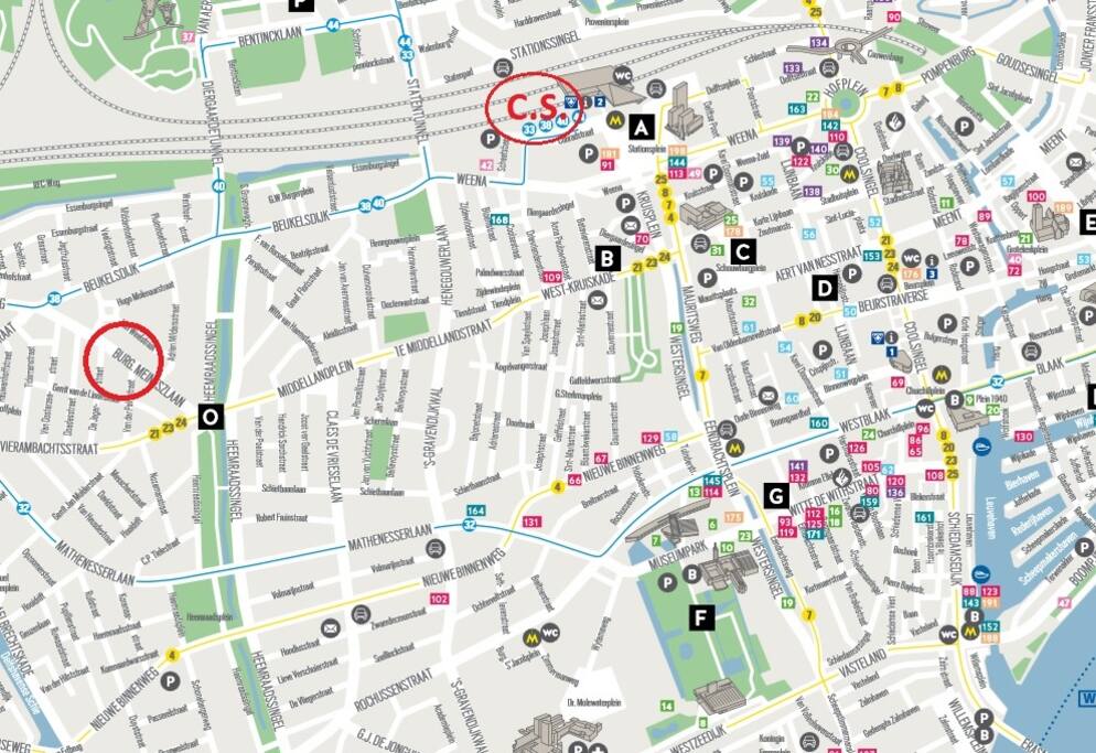 Tram lines 21, 23 and 24 stop at the end of the street, at tram stop 'Vierambachtsstraat' -- it’s seven minutes by tram from the Central Station. Walking from the C.S. takes about 15-20 minutes. There are also two bus stops at short walking distance from the house: bus 44 stops at the Vierambachtsstraat near the tram stop, and bus 38 at the Burgemeester Meineszplein.