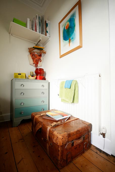 Details of drawers, hanging area & vintage trunk