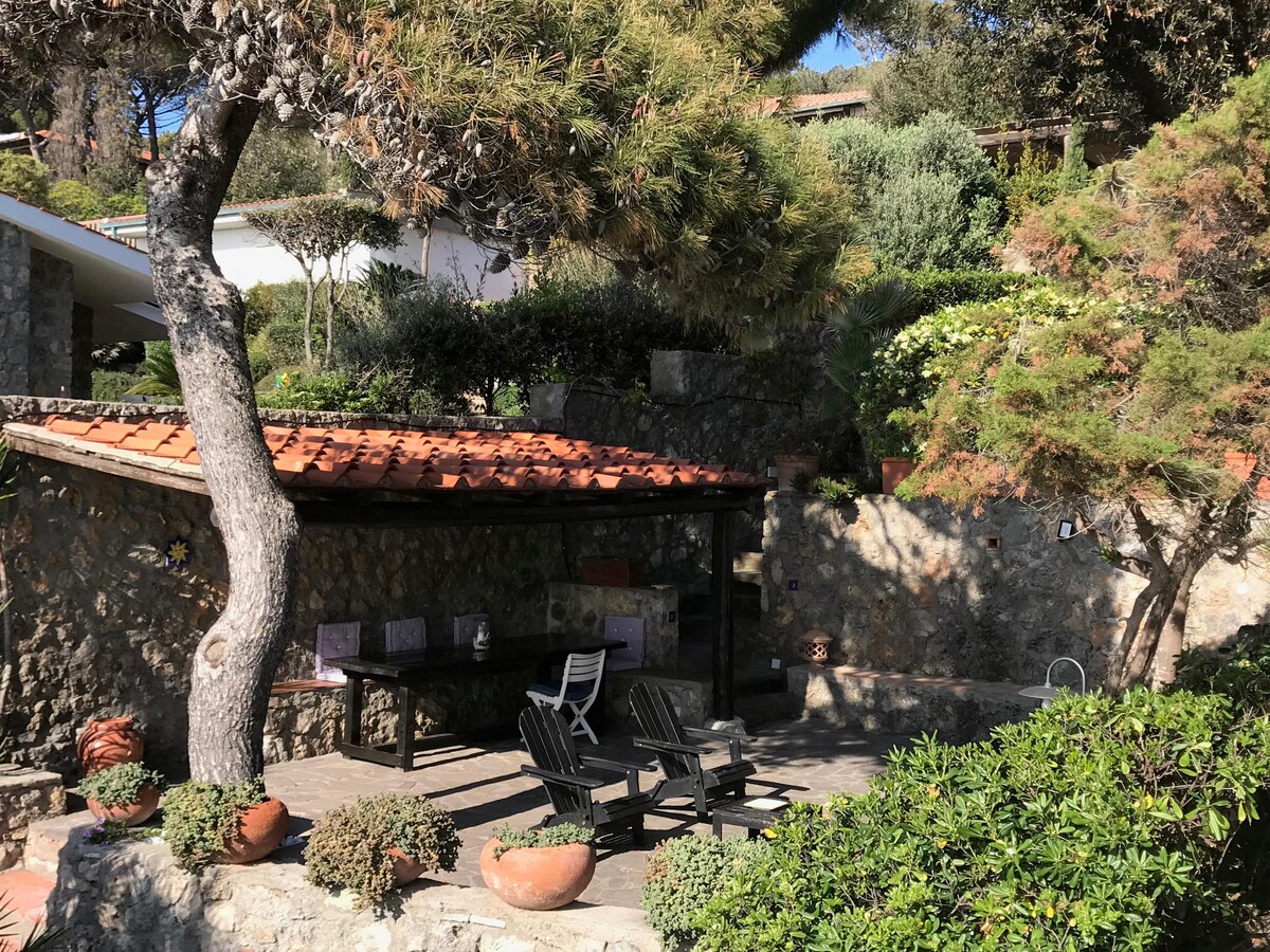 An outdoor terrace is showcased, featuring a covered area with a red-tiled roof. Wooden chairs and tables are arranged among stone walls and lush greenery. Various plants, including flowering shrubs, decorate the surrounding garden, providing a serene ambiance.