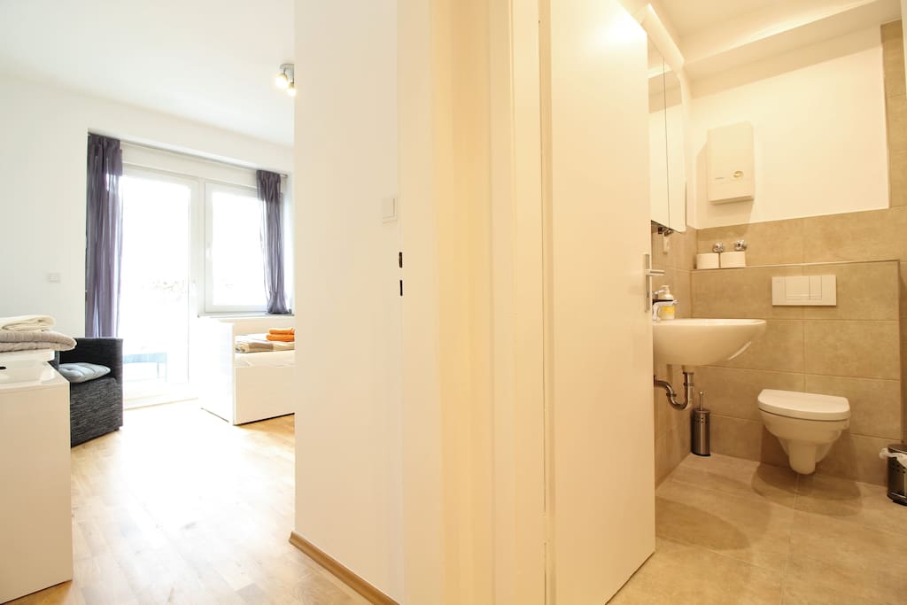 The view into living area & bathroom.