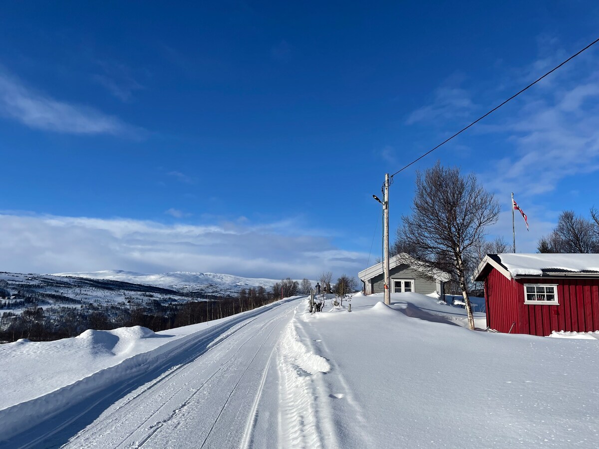 A winter scene depicts a snow-covered path winding through a mountainous landscape. A red cabin and a gray building are visible alongside the road, contrasting with the white snow. A clear blue sky and distant hills create a serene atmosphere.