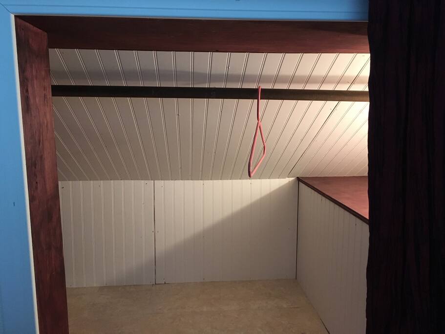 Deep closet. Suitcase hides behind clothes.